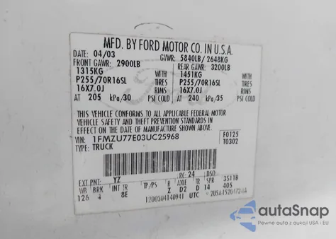 2003 Ford Explorer Sport Trac Xls/Xlt z USA, uszkodzony, nr VIN 1FMZU77E03UC25968